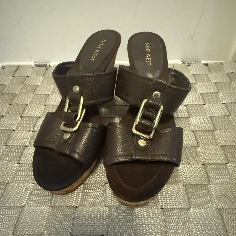 Nine West Dark Brown Sandals with Gold Buckle